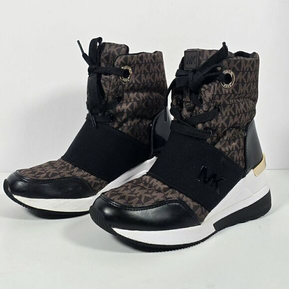 Michael Kors Liv Wedge‎ Booties Womens 5 Black Brown Monogram Soft Knit - Picture 1 of 12